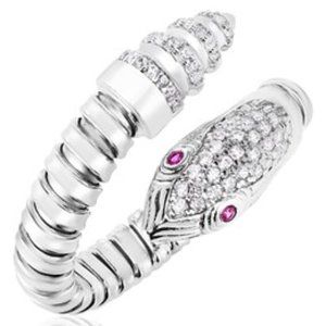 STUPEFYING Sterling Silver Python Bypass Ring with White and Pink Cubic Zirconia